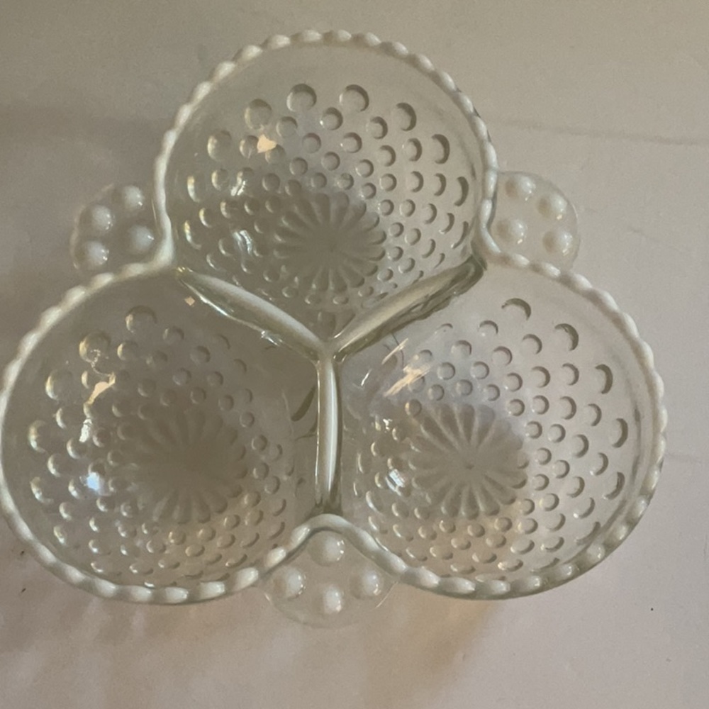 Fenton Opalescent Moonstone Hobnail clover leaf dish.
